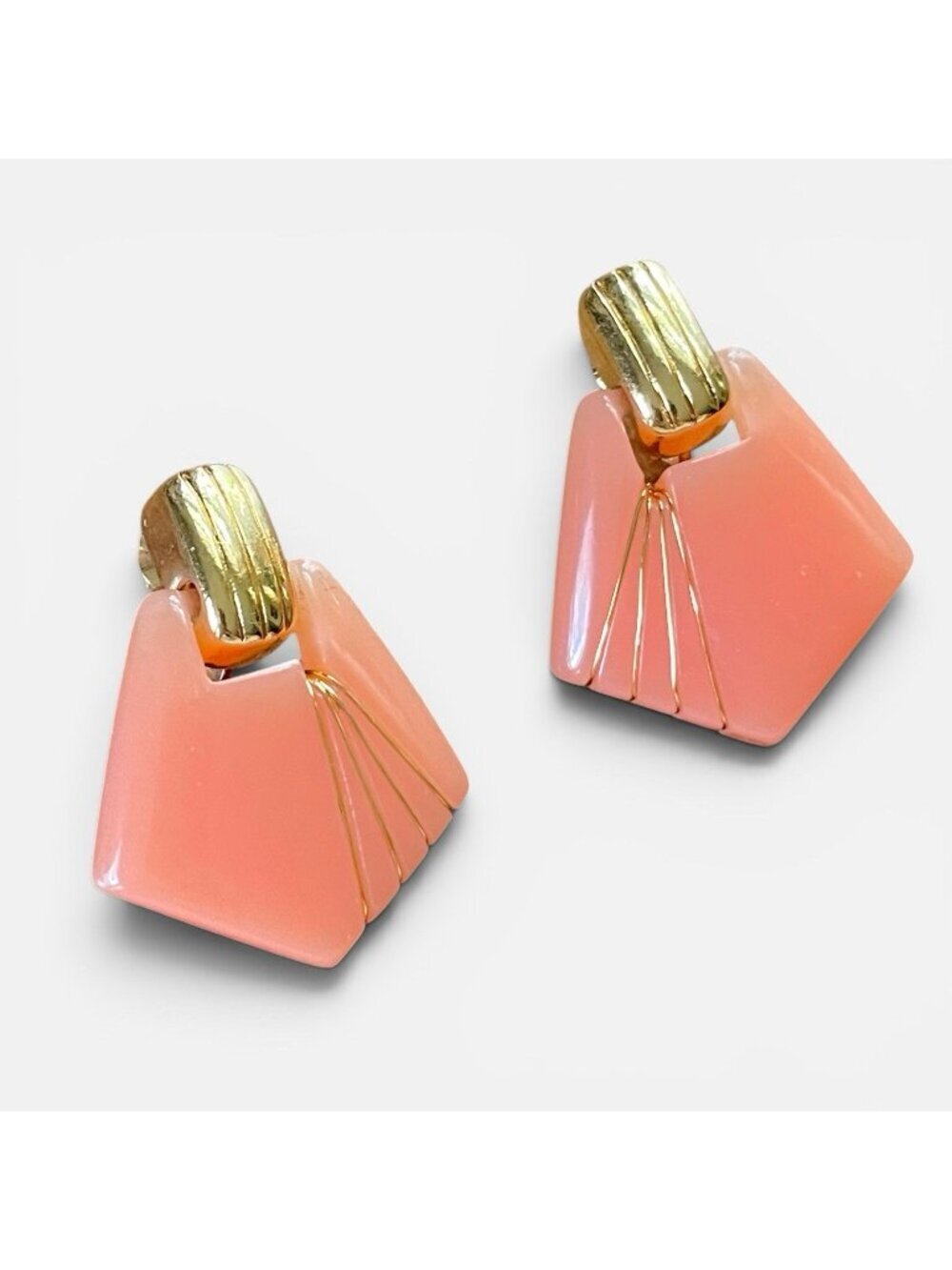 Vintage Crown Trifari Earrings Pink Gold Tone Dangle Clip On Statement Modernist